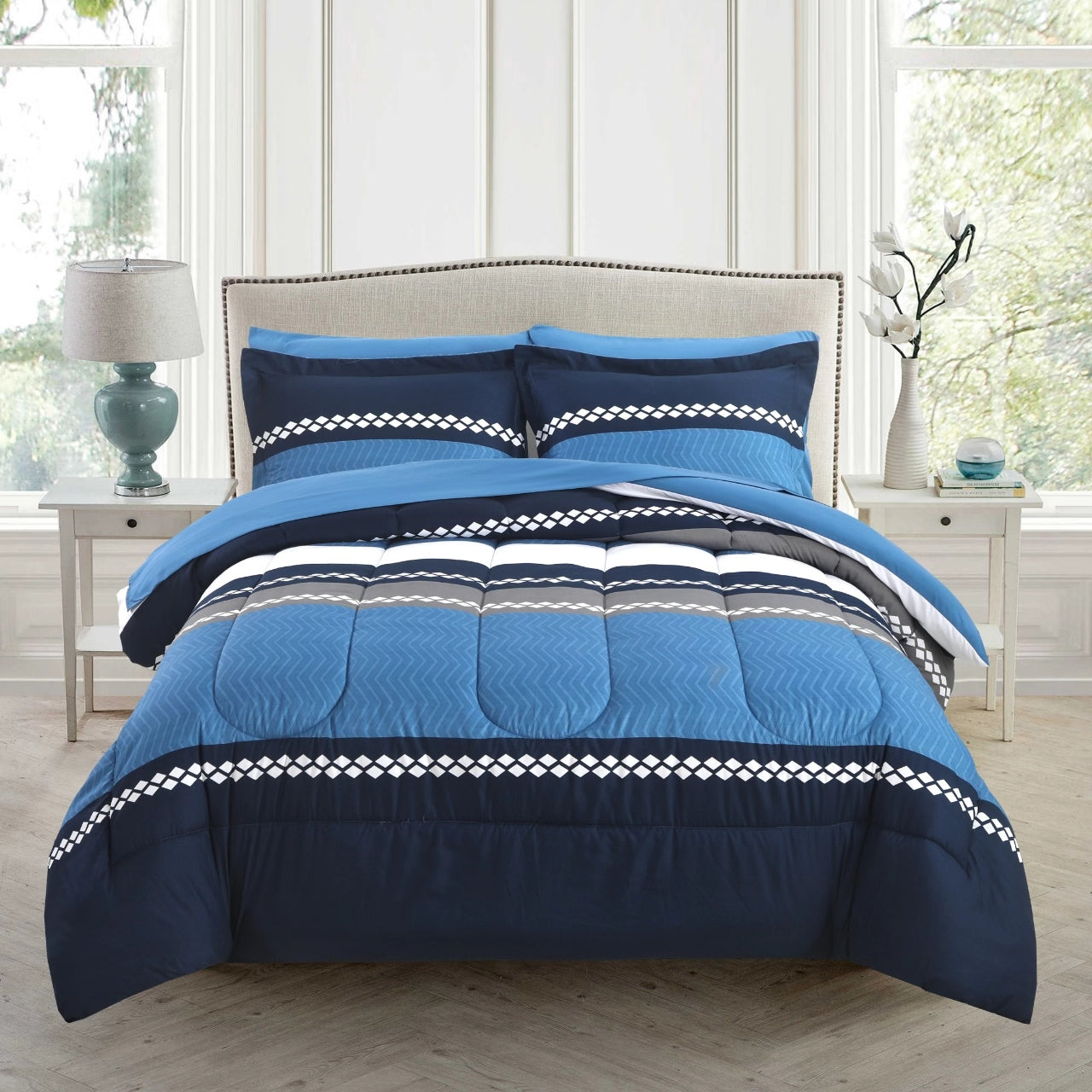 Printed Bed in a Bag Soft Luxury Fluffy Goose Down Alternative Comforter and Sheet Set, Navy Geometric Stripes Pattern