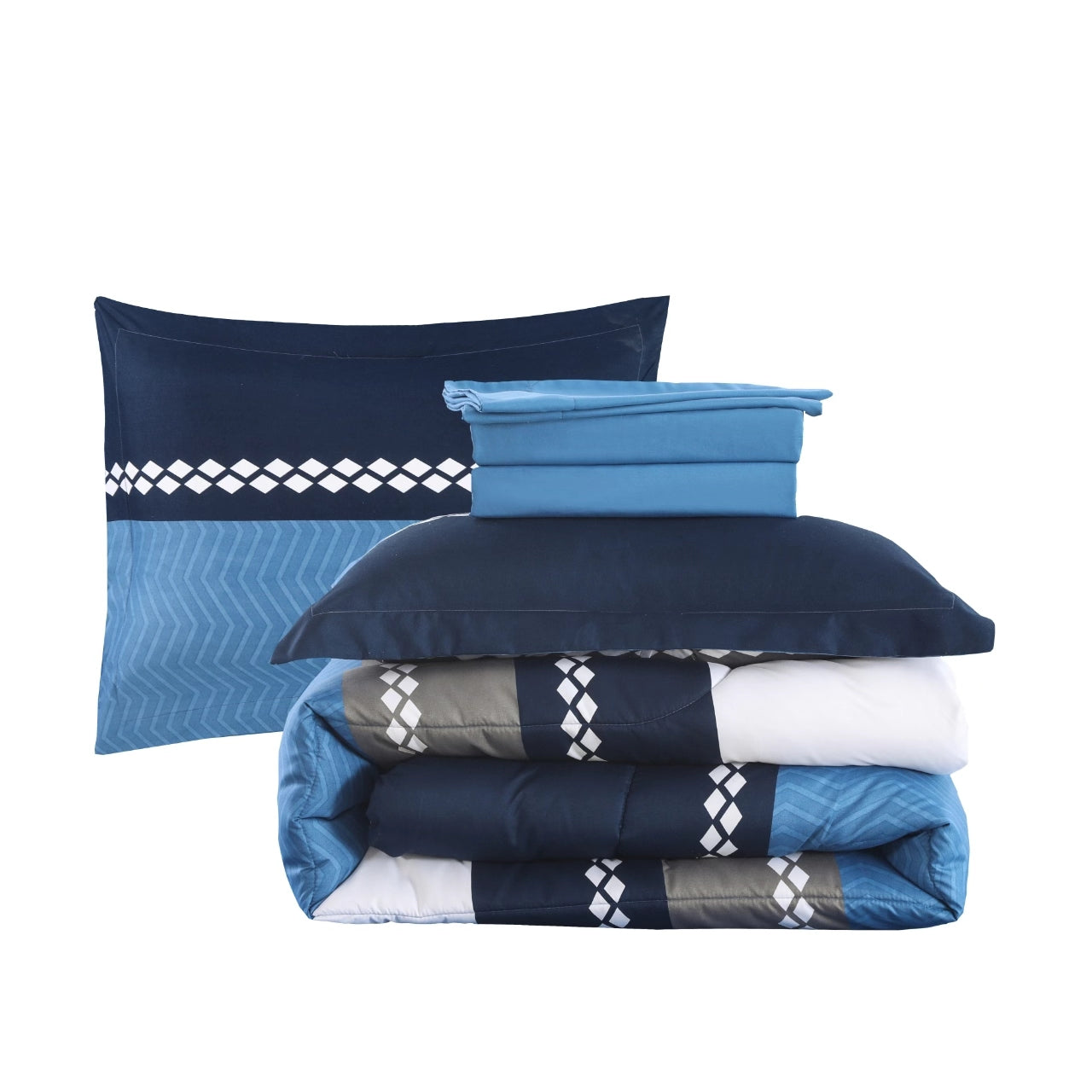 Printed Bed in a Bag Soft Luxury Fluffy Goose Down Alternative Comforter and Sheet Set, Navy Geometric Stripes Pattern
