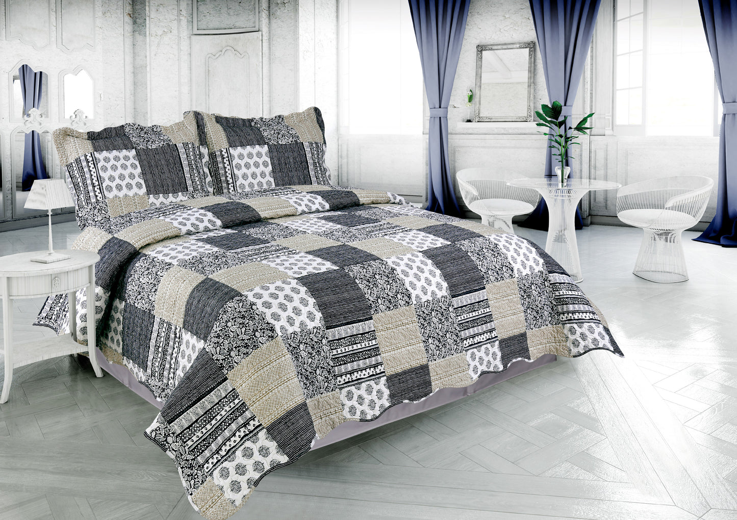 Printed Embossed Pinsonic Soft Bedding Summer Quilt Set, Navy Blue Plaid