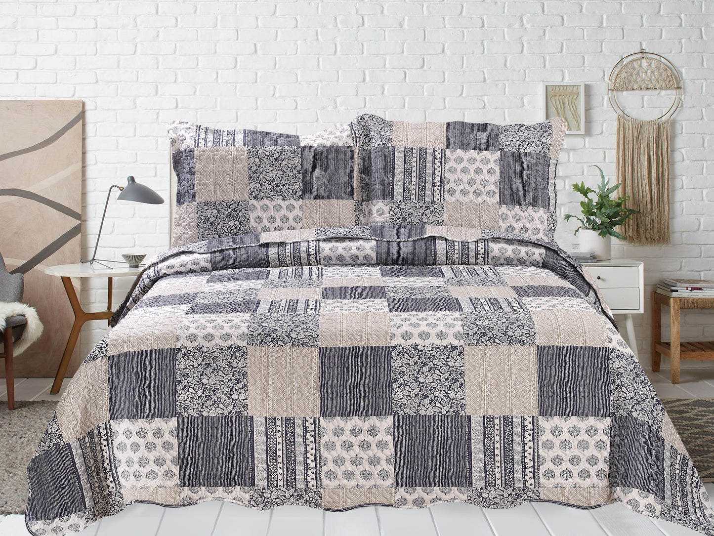 Printed Embossed Pinsonic Soft Bedding Summer Quilt Set, Navy Blue Plaid