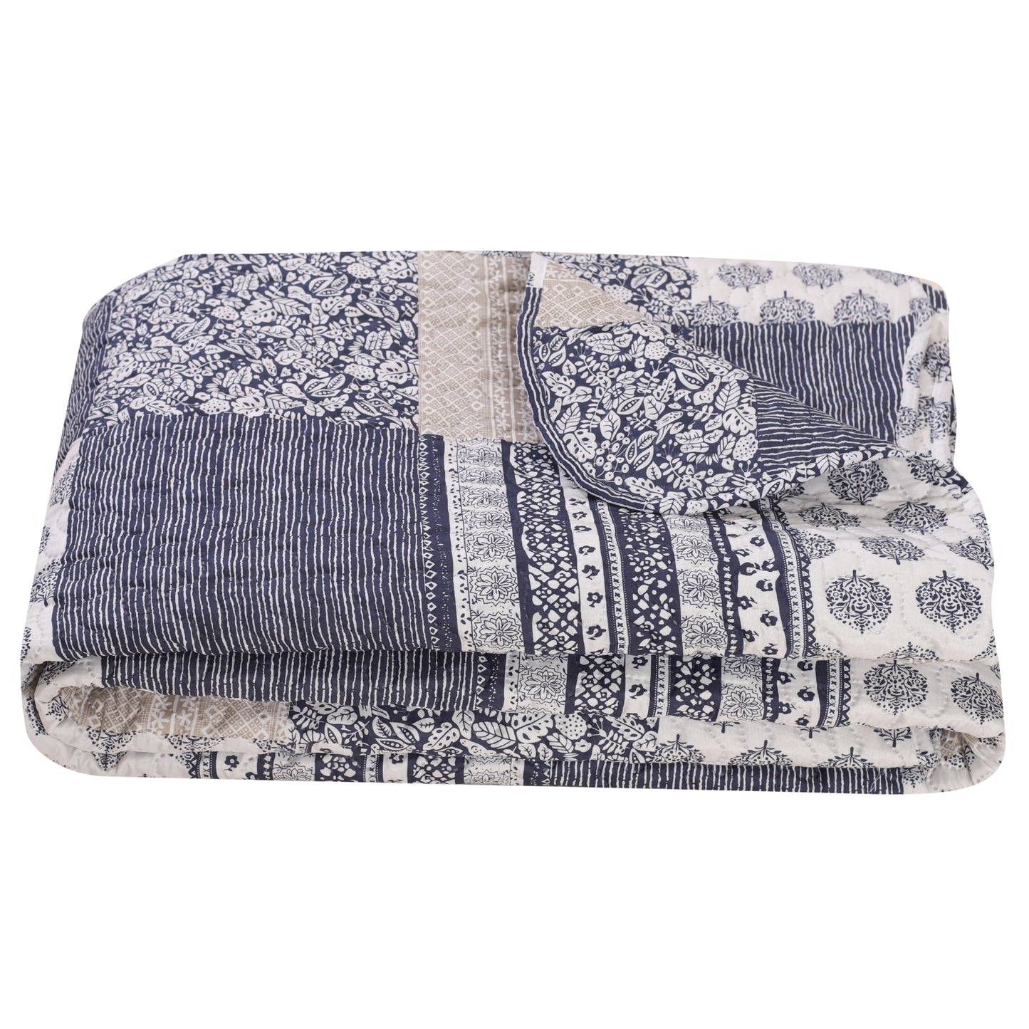 Printed Embossed Pinsonic Soft Bedding Summer Quilt Set, Navy Blue Plaid