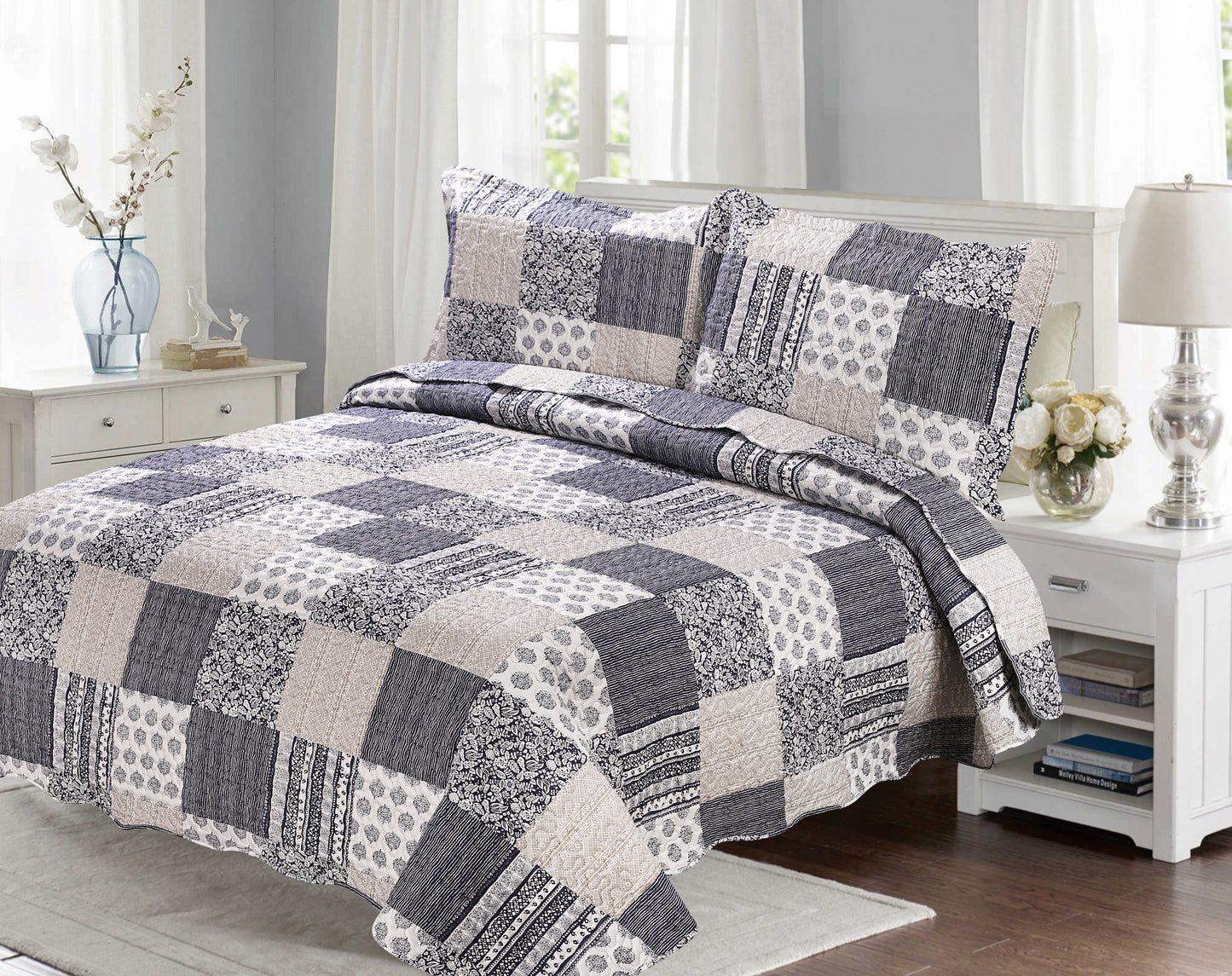 Printed Embossed Pinsonic Soft Bedding Summer Quilt Set, Navy Blue Plaid