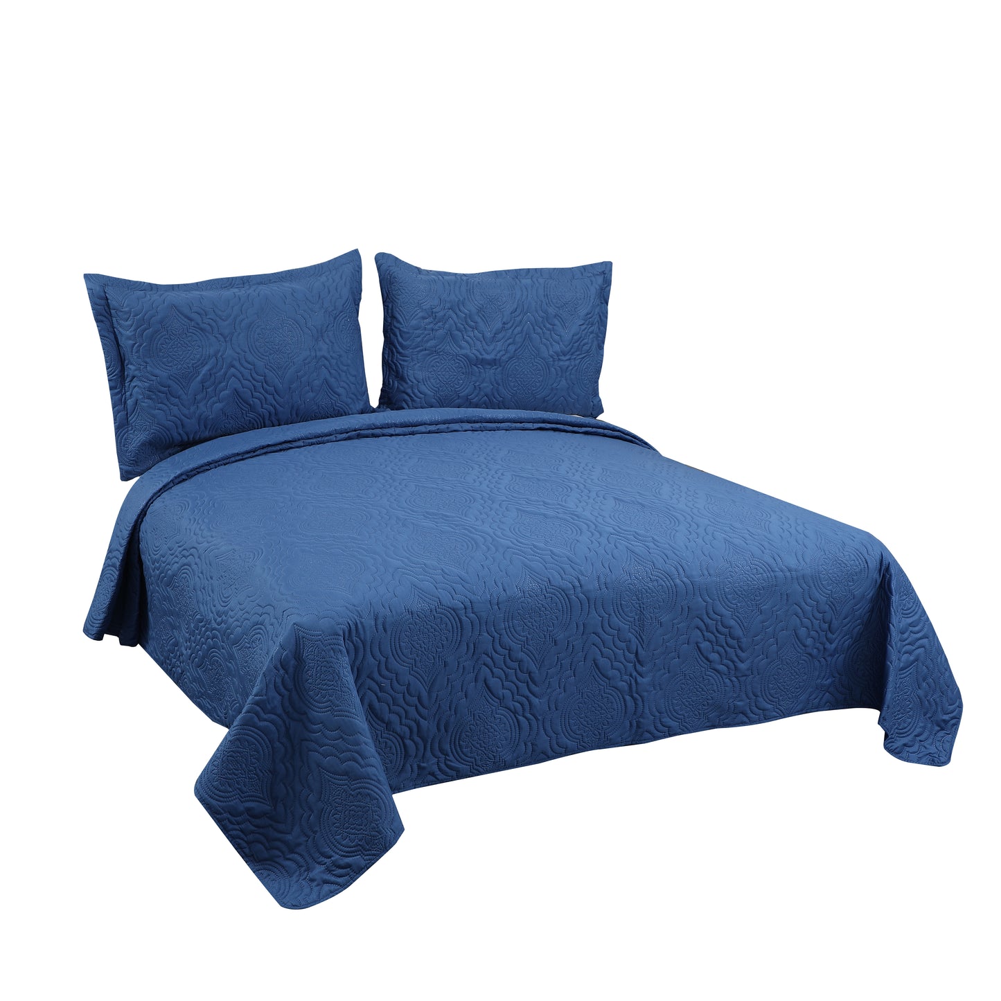 Embossed Pinsonic Solid Bedding Soft Summer Quilt Set, Navy Blue Color