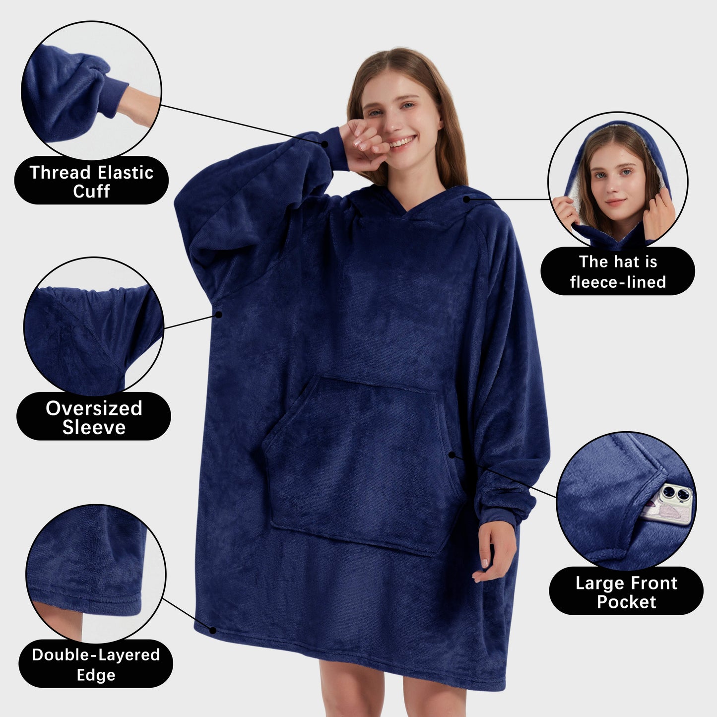 Wearable Hoodie Blanket with Sleeves and Giant Pocket Plush Hooded Sweatshirt for Adults Light Pink Color