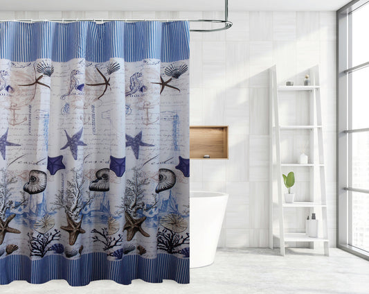 Waterproof Decor Printed Shower Curtain with Roller Hooks, Ocean Life Pattern
