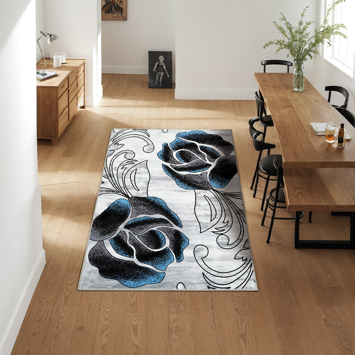Decor Non-Slip Back Soft Runner Area Carpet Floor Area Rug Indoor Accent Decorative Mat, Black Blue Rose Floral