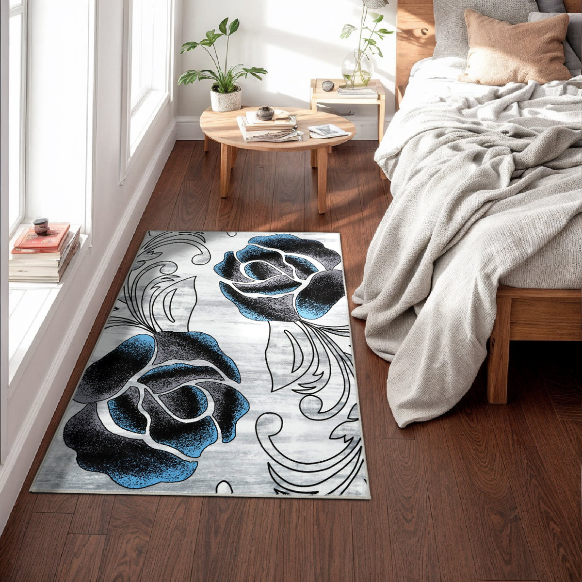 Decor Non-Slip Back Soft Runner Area Carpet Floor Area Rug Indoor Accent Decorative Mat, Black Blue Rose Floral