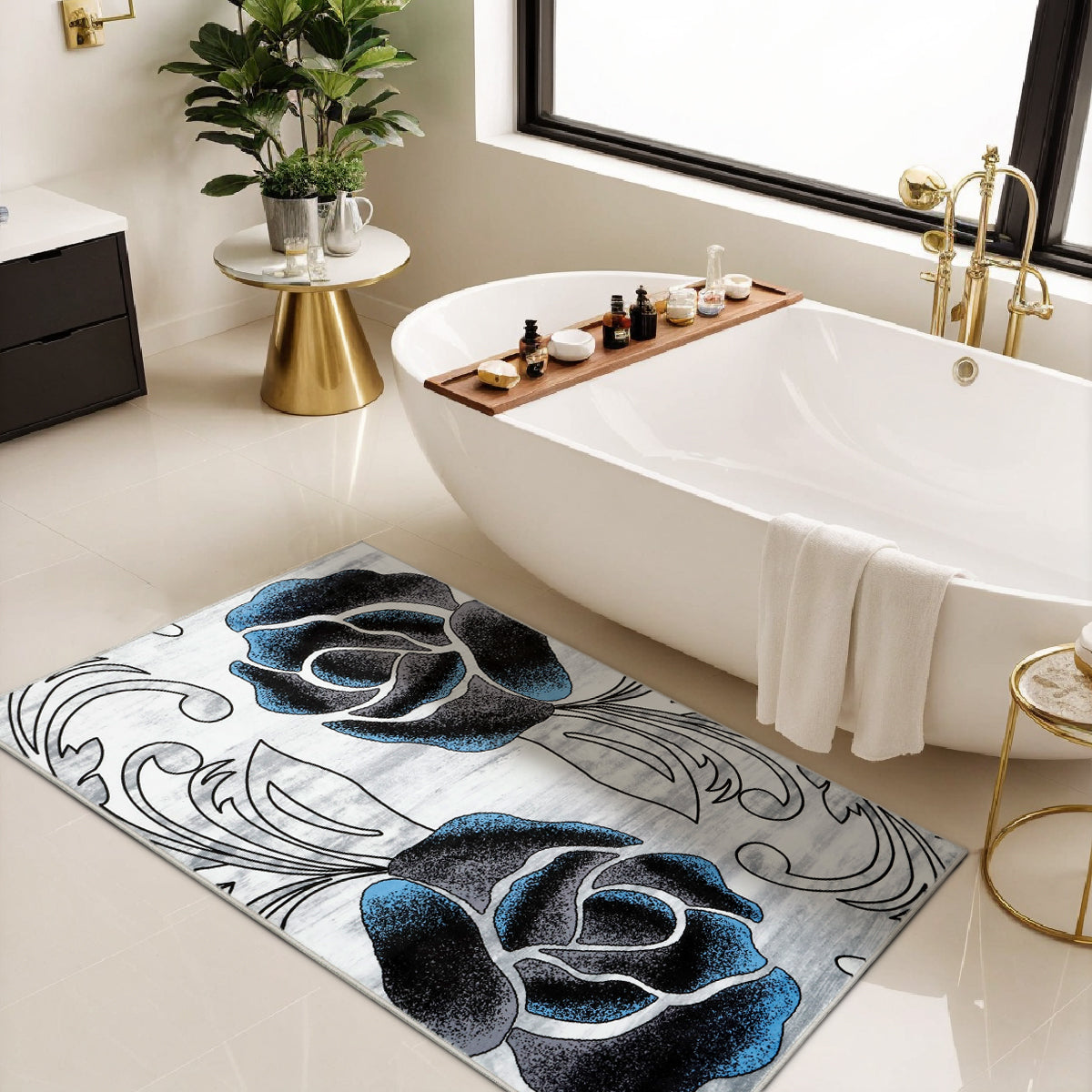Decor Non-Slip Back Soft Runner Area Carpet Floor Area Rug Indoor Accent Decorative Mat, Black Blue Rose Floral