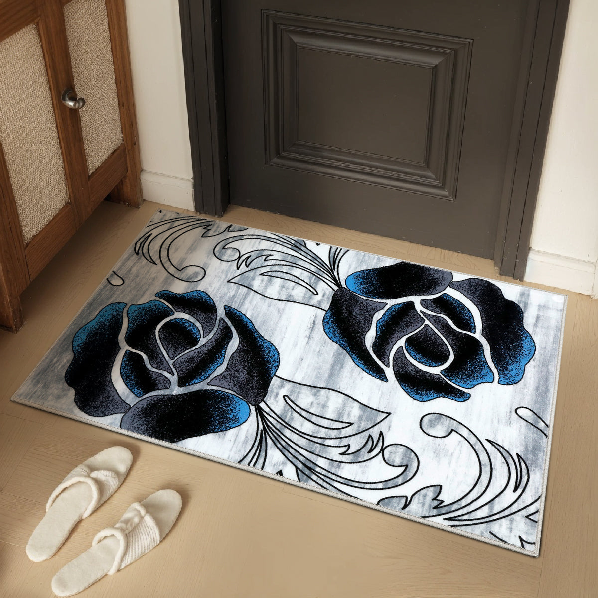 Decor Non-Slip Back Soft Runner Area Carpet Floor Area Rug Indoor Accent Decorative Mat, Black Blue Rose Floral