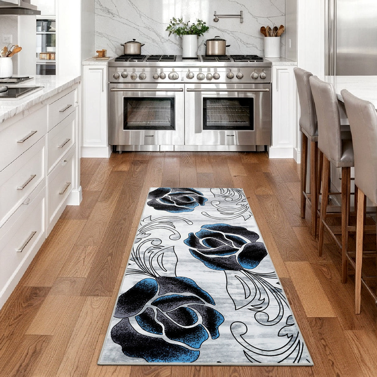 Decor Non-Slip Back Soft Runner Area Carpet Floor Area Rug Indoor Accent Decorative Mat, Black Blue Rose Floral