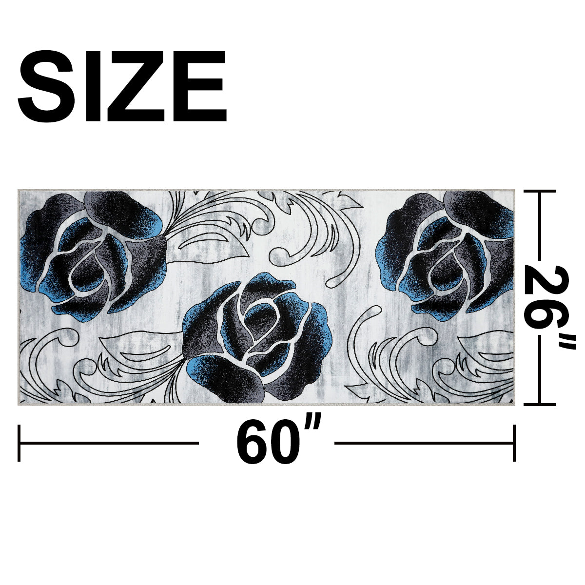 Decor Non-Slip Back Soft Runner Area Carpet Floor Area Rug Indoor Accent Decorative Mat, Black Blue Rose Floral
