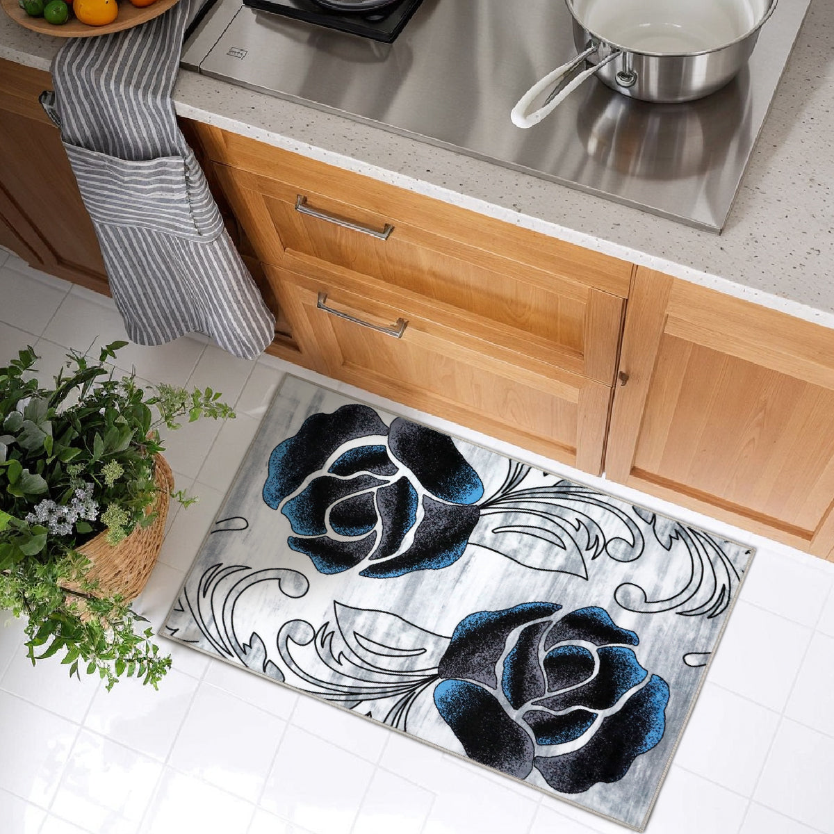 Decor Non-Slip Back Soft Runner Area Carpet Floor Area Rug Indoor Accent Decorative Mat, Black Blue Rose Floral