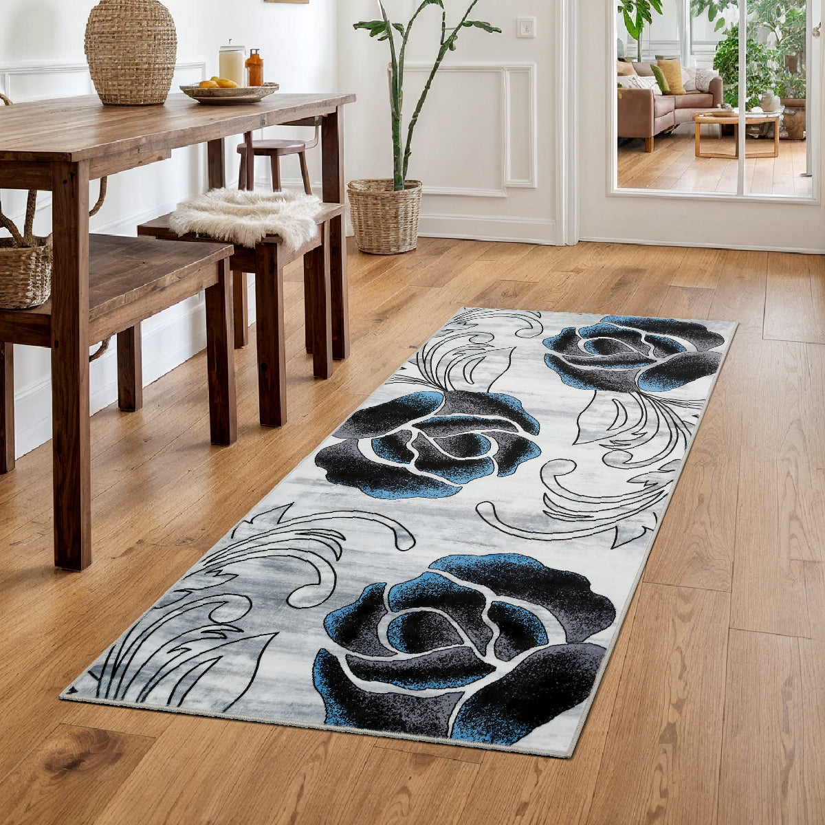 Decor Non-Slip Back Soft Runner Area Carpet Floor Area Rug Indoor Accent Decorative Mat, Black Blue Rose Floral