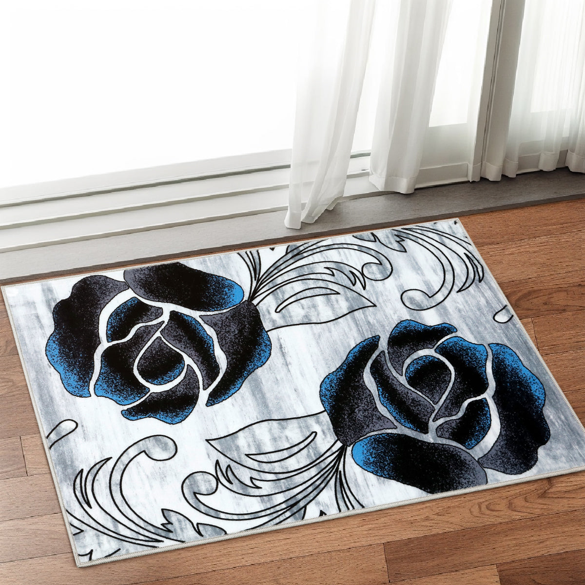 Decor Non-Slip Back Soft Runner Area Carpet Floor Area Rug Indoor Accent Decorative Mat, Black Blue Rose Floral