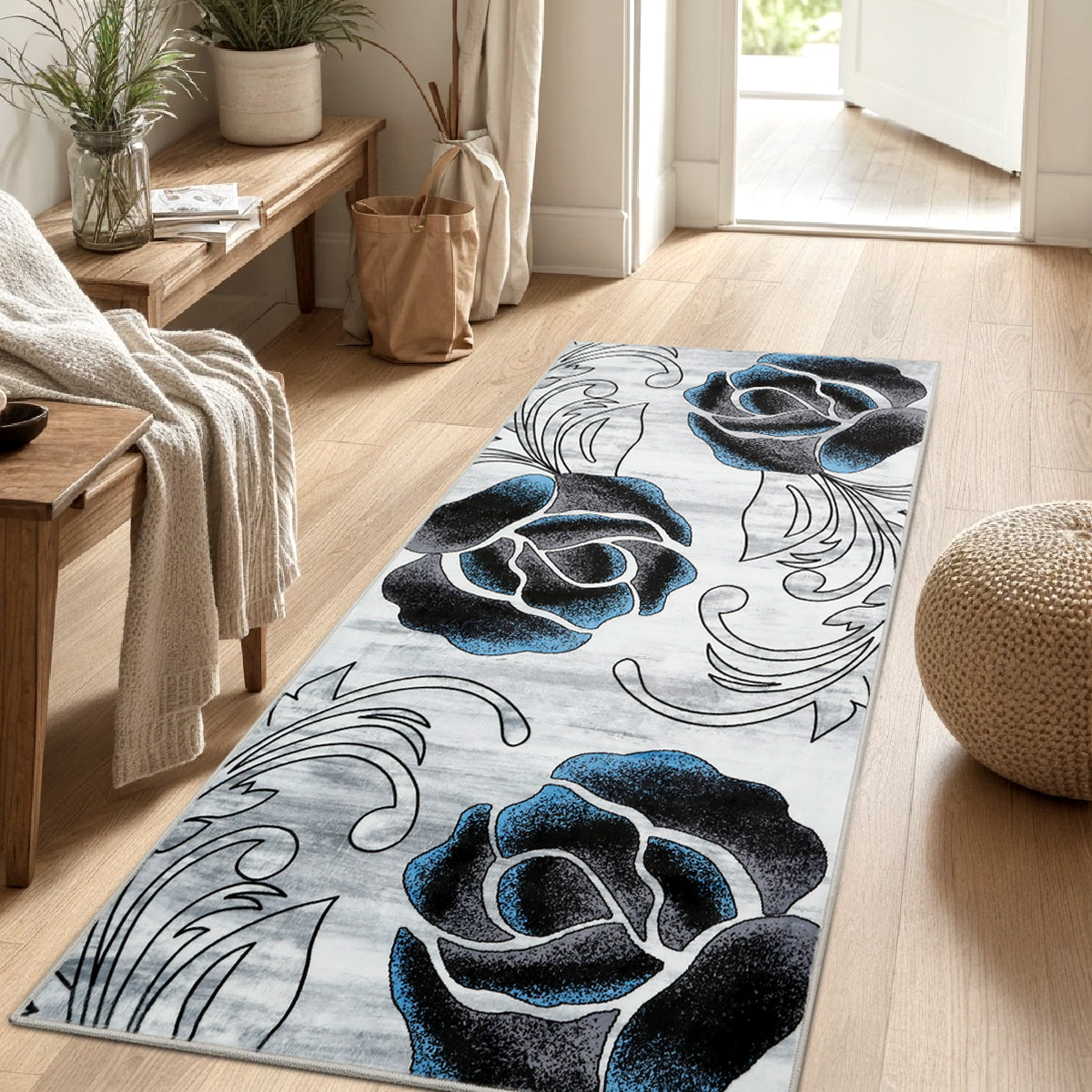Decor Non-Slip Back Soft Runner Area Carpet Floor Area Rug Indoor Accent Decorative Mat, Black Blue Rose Floral