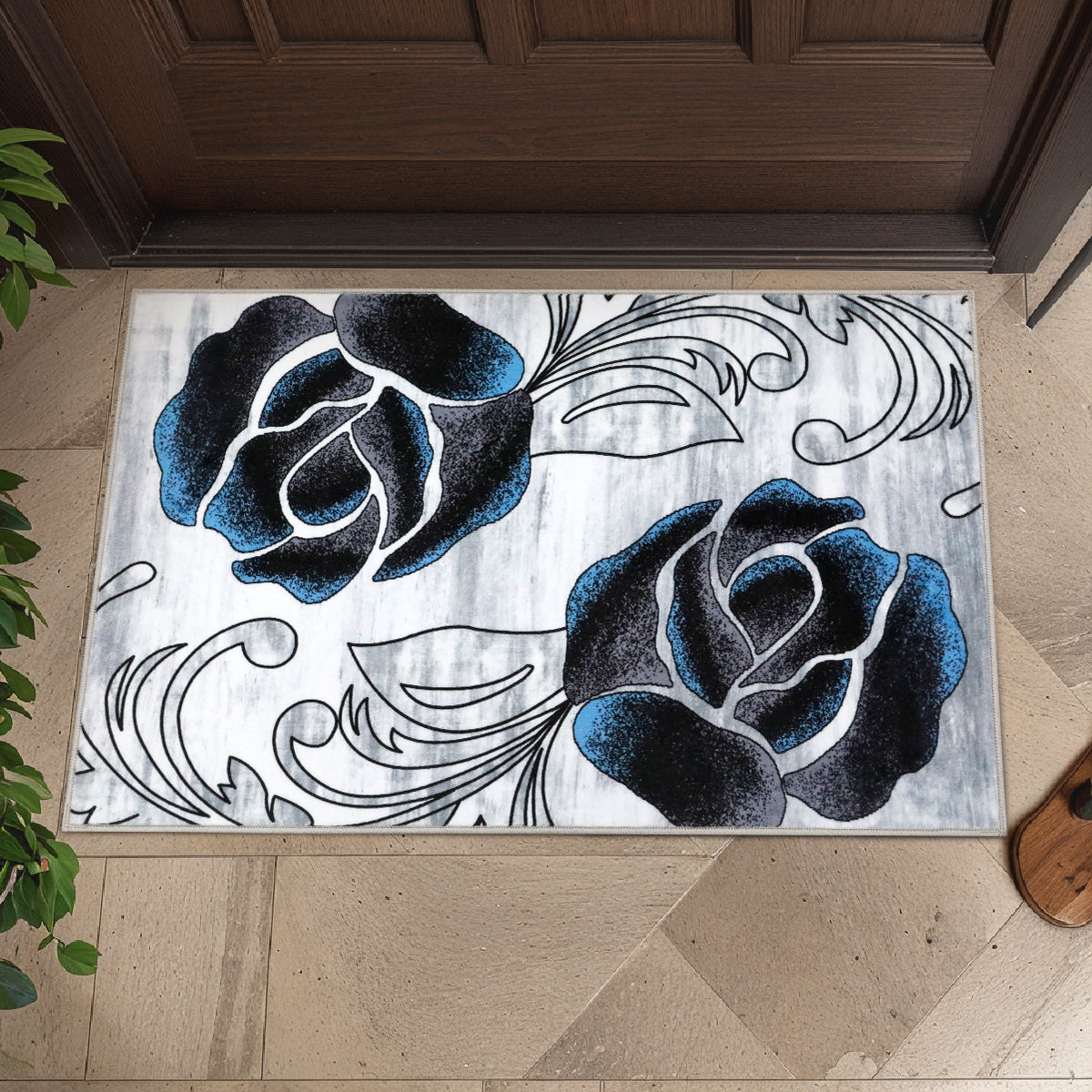 Decor Non-Slip Back Soft Runner Area Carpet Floor Area Rug Indoor Accent Decorative Mat, Black Blue Rose Floral
