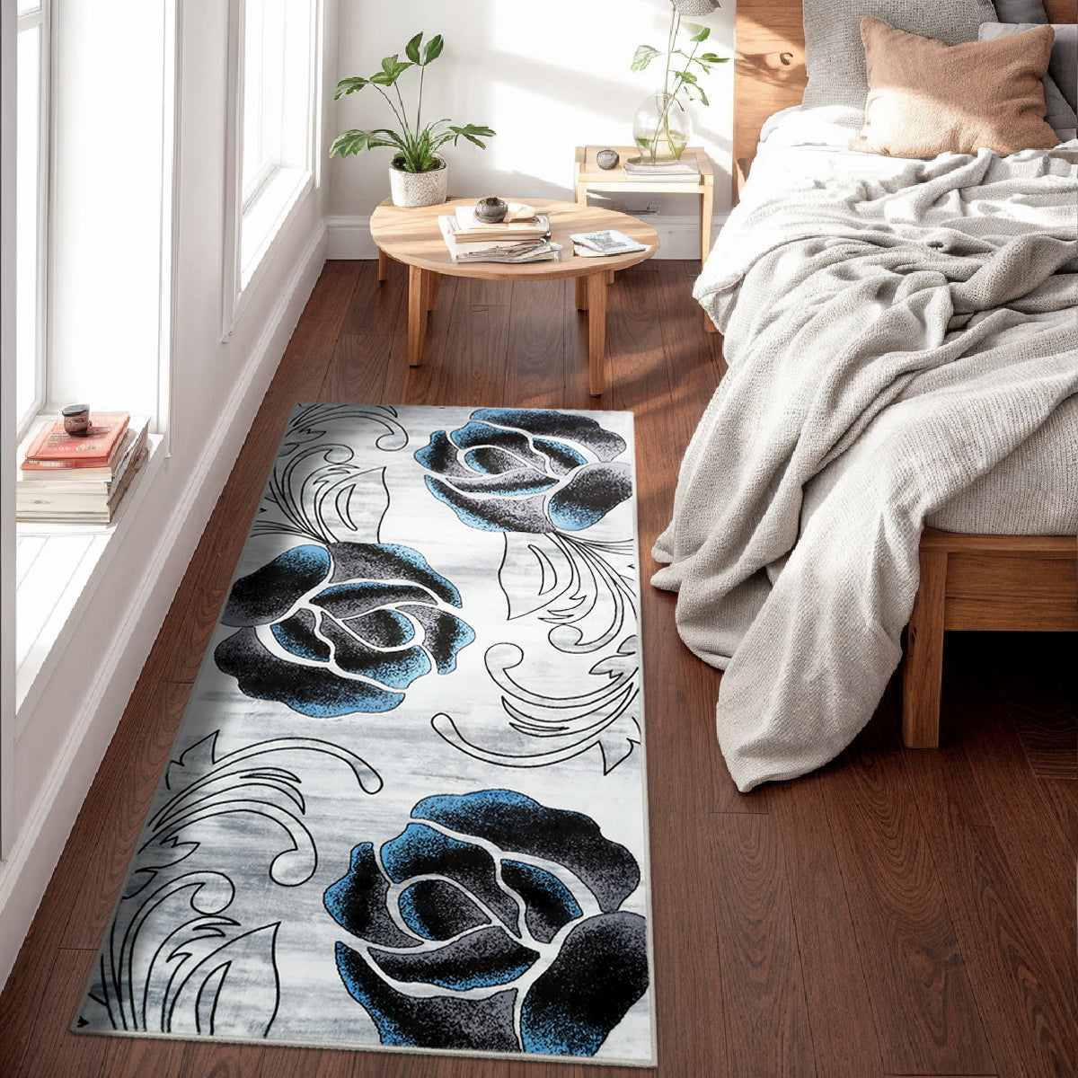 Decor Non-Slip Back Soft Runner Area Carpet Floor Area Rug Indoor Accent Decorative Mat, Black Blue Rose Floral