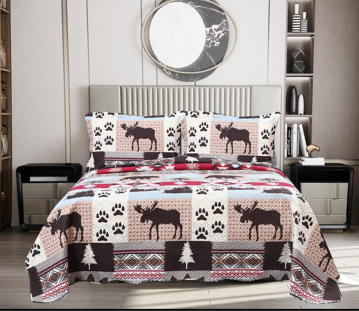 Printed Embossed Pinsonic Soft Bedding Summer Quilt Set, Cabin Moose Bear