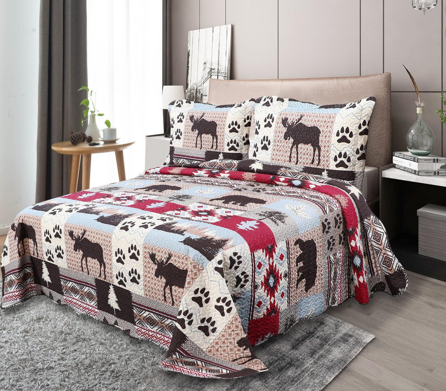 Printed Embossed Pinsonic Soft Bedding Summer Quilt Set, Cabin Moose Bear