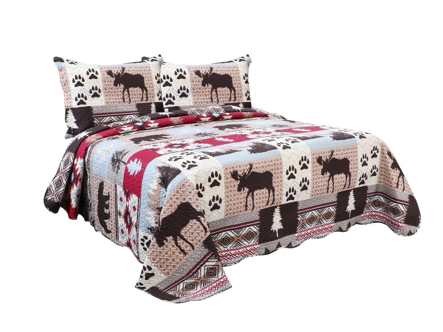 Printed Embossed Pinsonic Soft Bedding Summer Quilt Set, Cabin Moose Bear