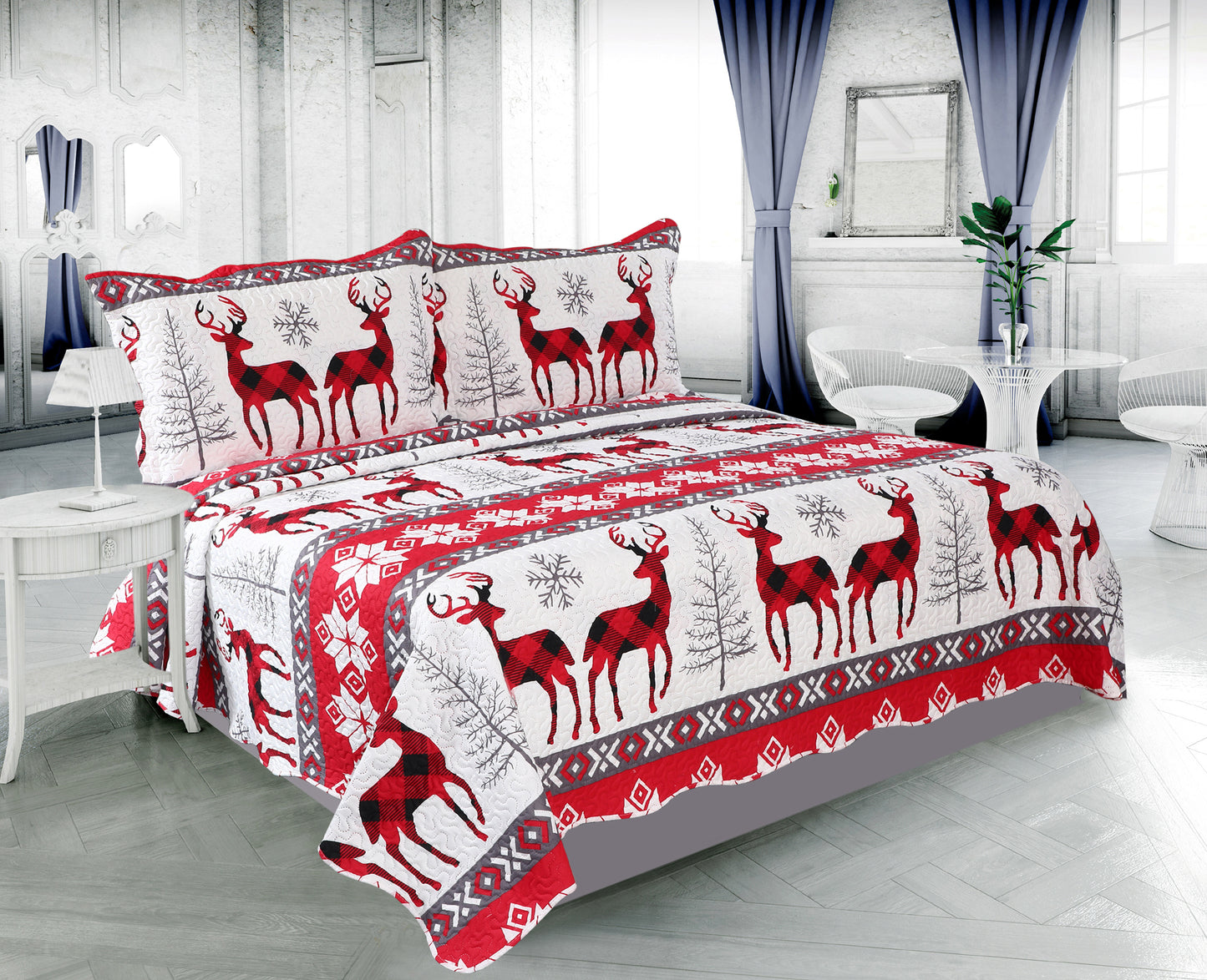 Printed Embossed Pinsonic Soft Bedding Summer Christmas Quilt Set, Xmas Snowflake Deer