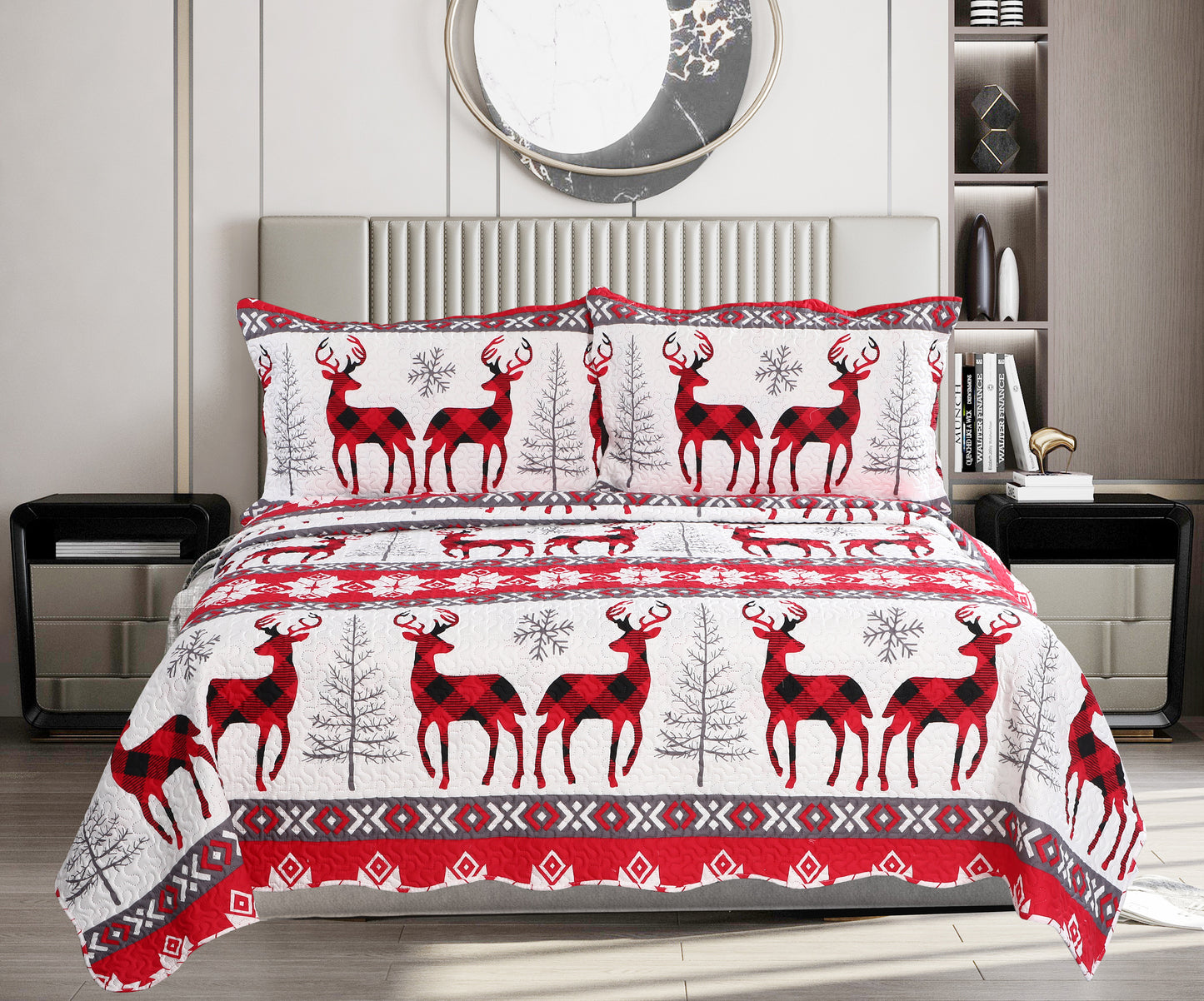 Printed Embossed Pinsonic Soft Bedding Summer Christmas Quilt Set, Xmas Snowflake Deer