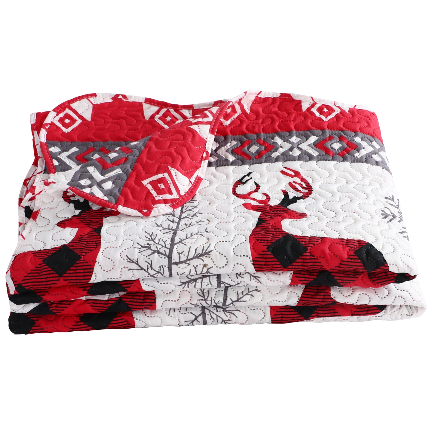 Printed Embossed Pinsonic Soft Bedding Summer Christmas Quilt Set, Xmas Snowflake Deer