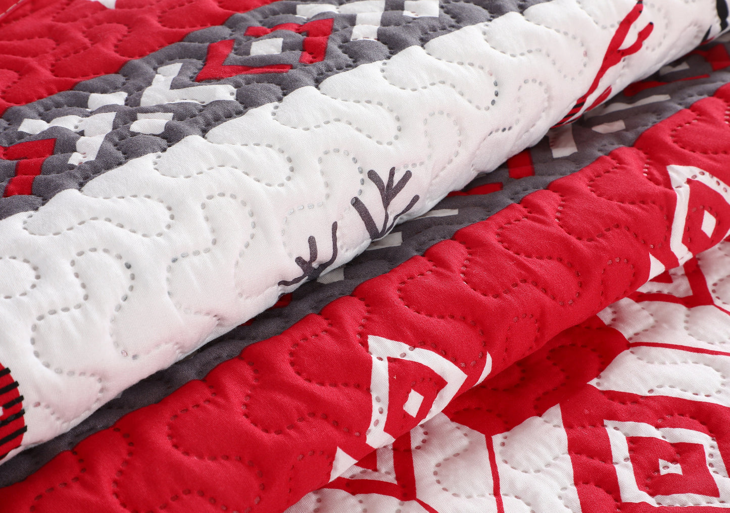 Printed Embossed Pinsonic Soft Bedding Summer Christmas Quilt Set, Xmas Snowflake Deer