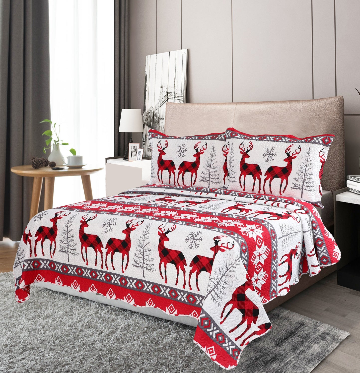 Printed Embossed Pinsonic Soft Bedding Summer Christmas Quilt Set, Xmas Snowflake Deer