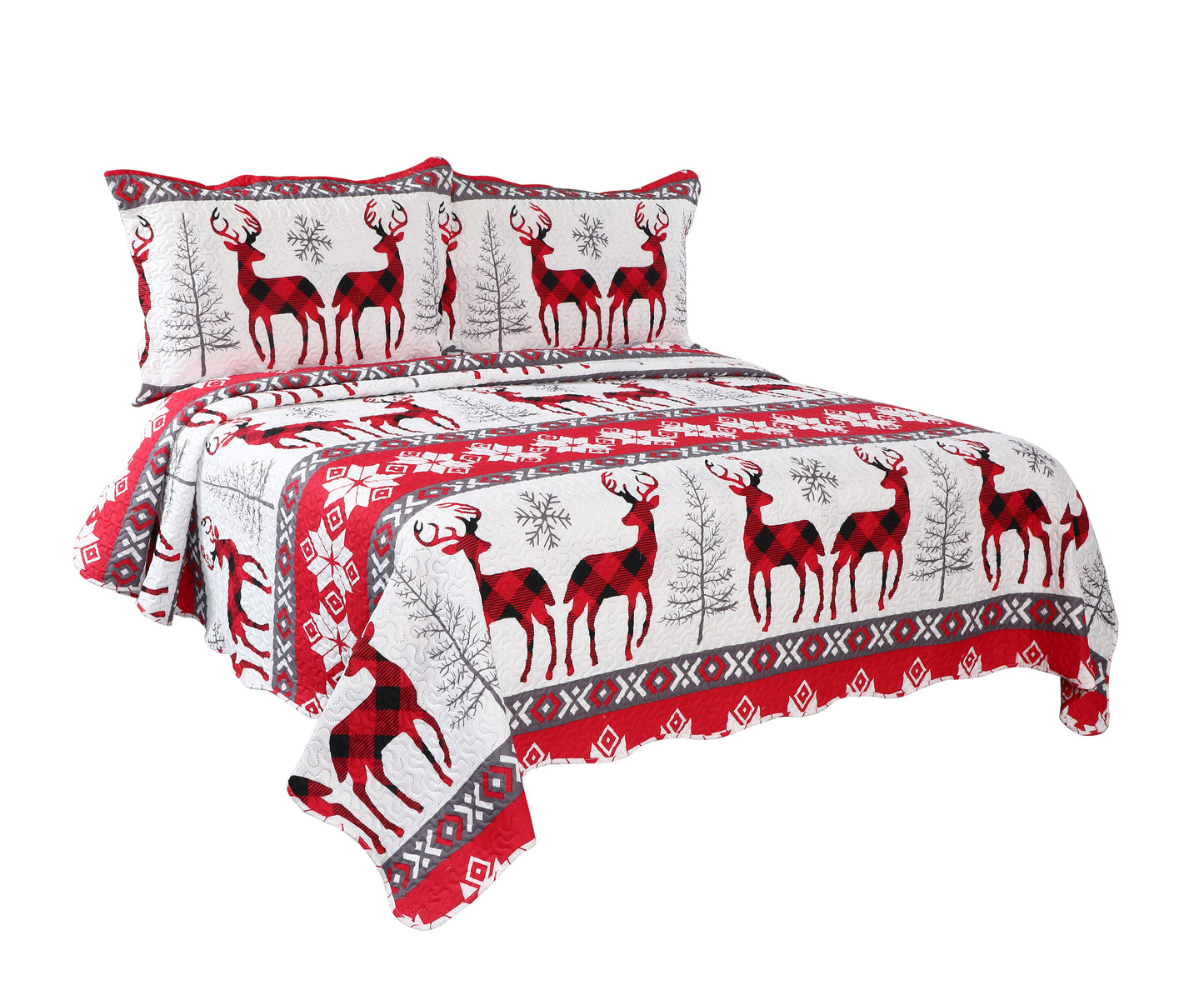 Printed Embossed Pinsonic Soft Bedding Summer Christmas Quilt Set, Xmas Snowflake Deer