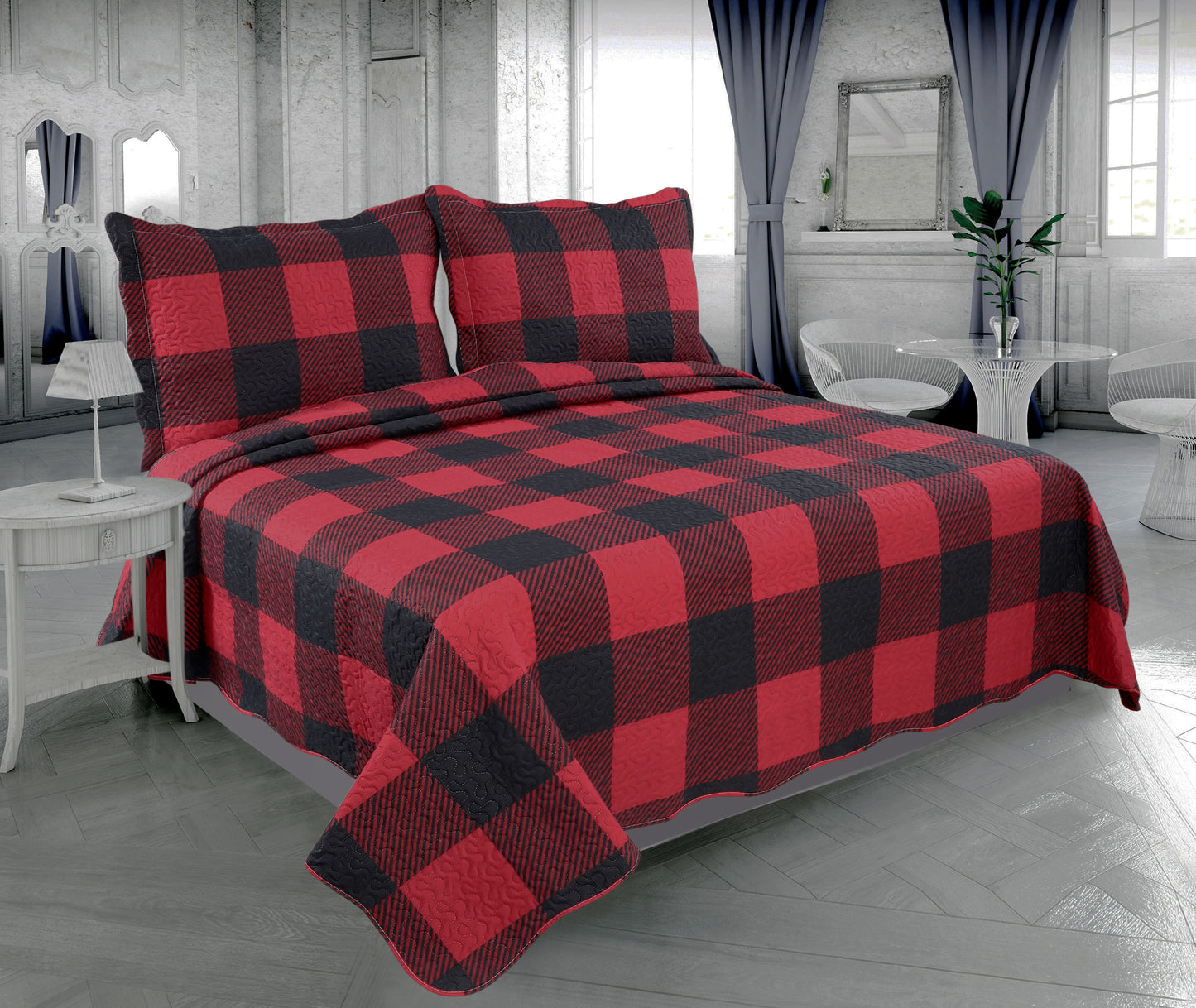 Printed Embossed Pinsonic Soft Bedding Summer Quilt Set, Red Black Plaid