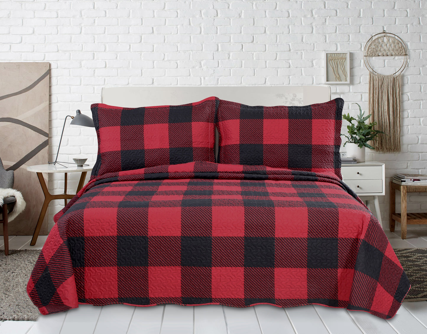 Printed Embossed Pinsonic Soft Bedding Summer Quilt Set, Red Black Plaid