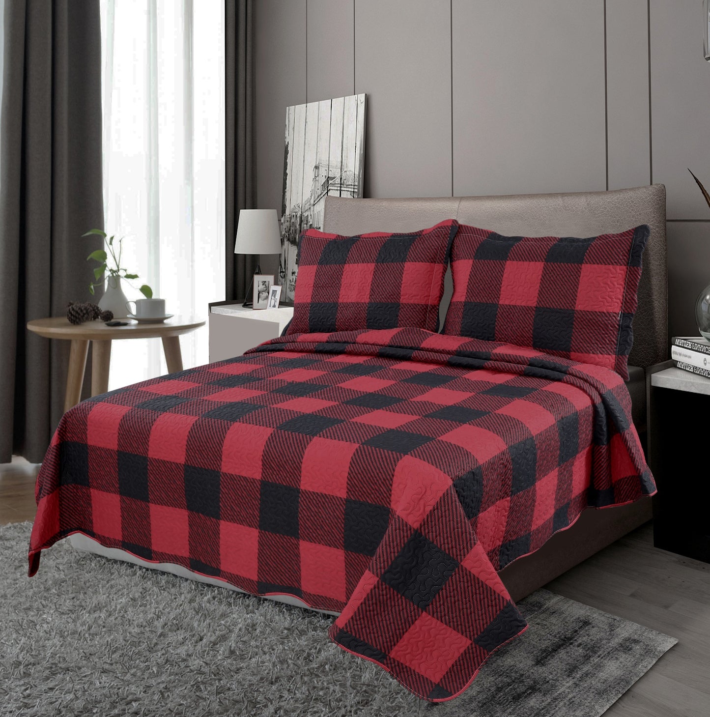 Printed Embossed Pinsonic Soft Bedding Summer Quilt Set, Red Black Plaid
