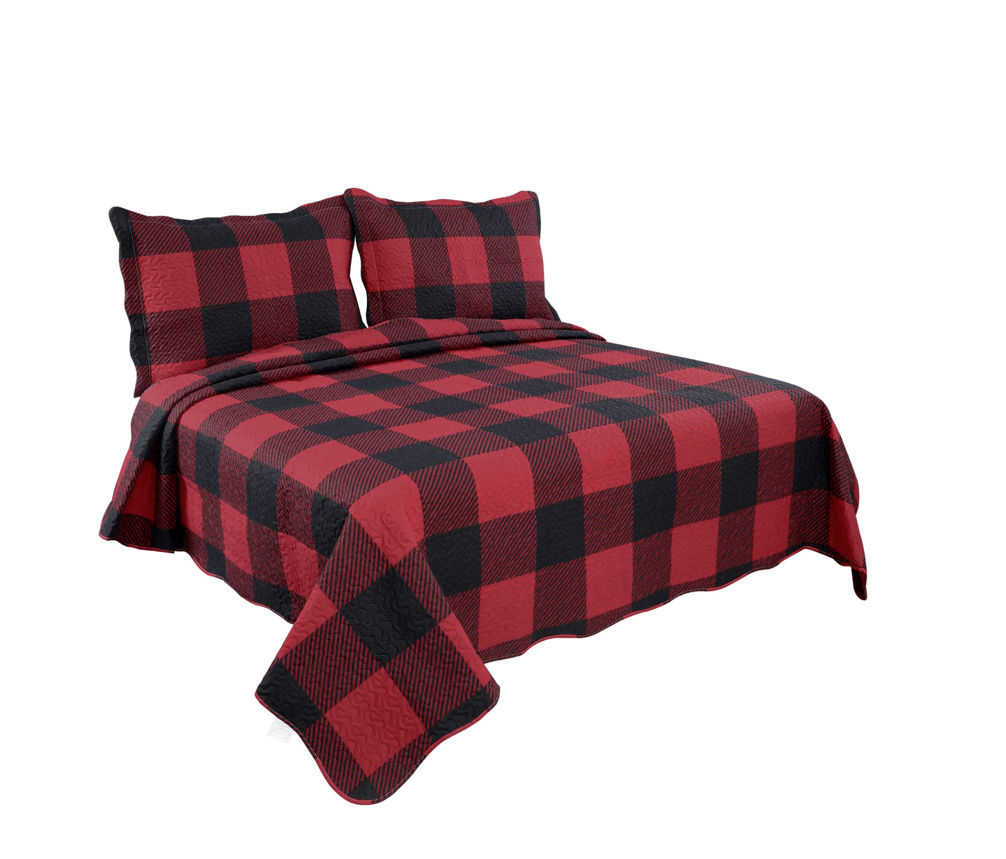 Printed Embossed Pinsonic Soft Bedding Summer Quilt Set, Red Black Plaid