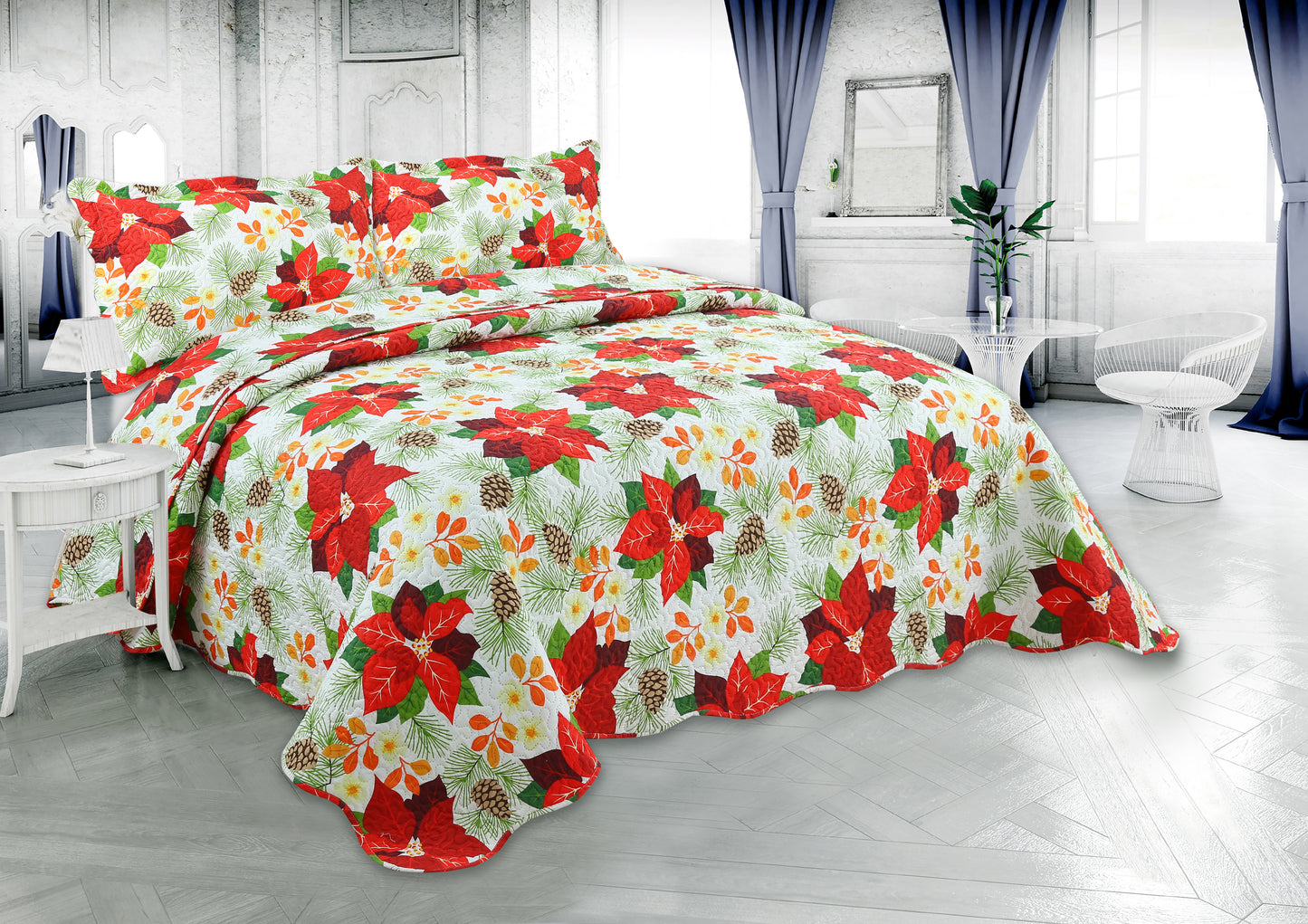 Printed Embossed Pinsonic Soft Bedding Summer Christmas Quilt Set, Red Poinsettia