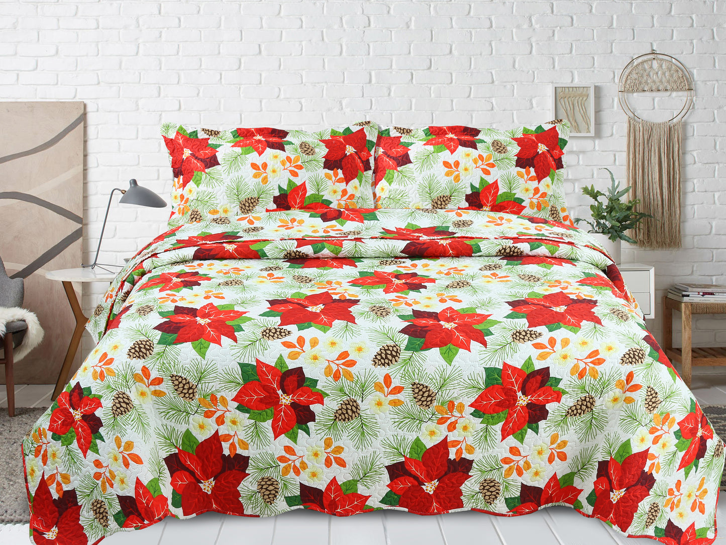 Printed Embossed Pinsonic Soft Bedding Summer Christmas Quilt Set, Red Poinsettia