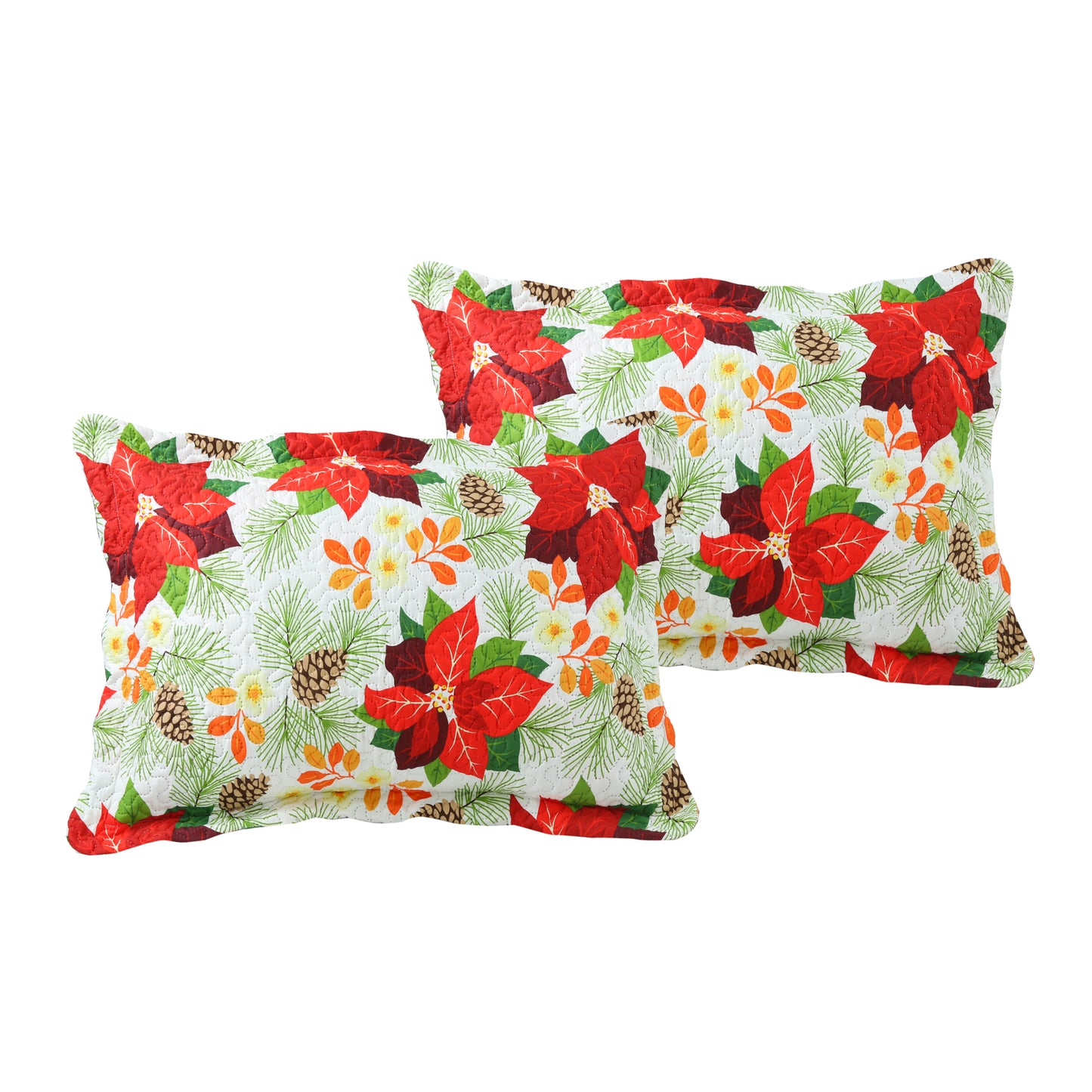 Printed Embossed Pinsonic Soft Bedding Summer Christmas Quilt Set, Red Poinsettia