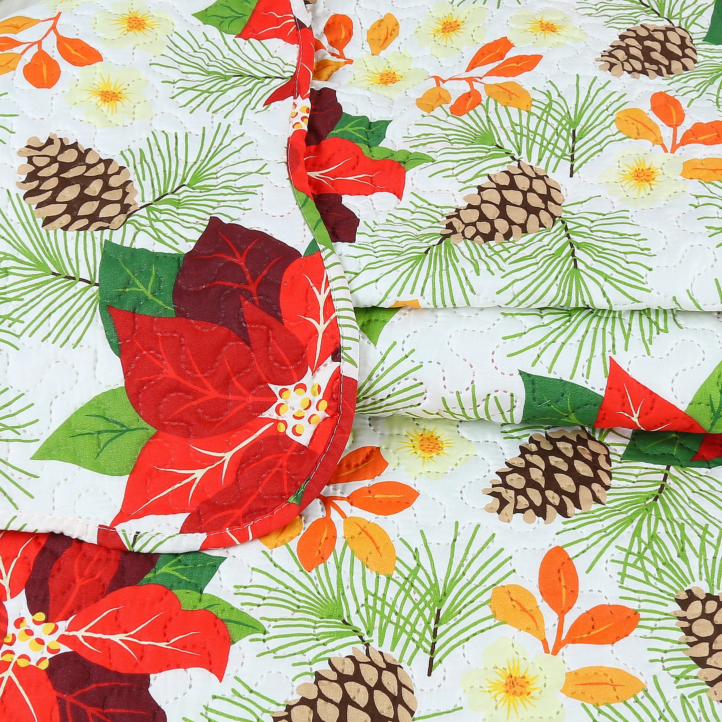 Printed Embossed Pinsonic Soft Bedding Summer Christmas Quilt Set, Red Poinsettia