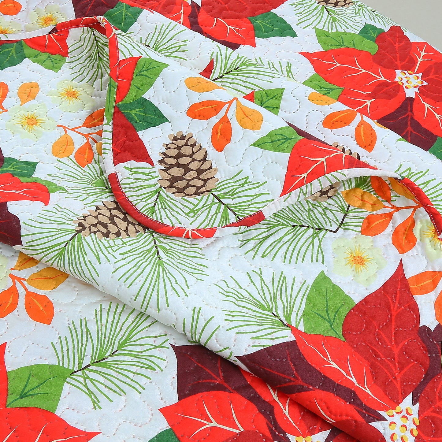 Printed Embossed Pinsonic Soft Bedding Summer Christmas Quilt Set, Red Poinsettia