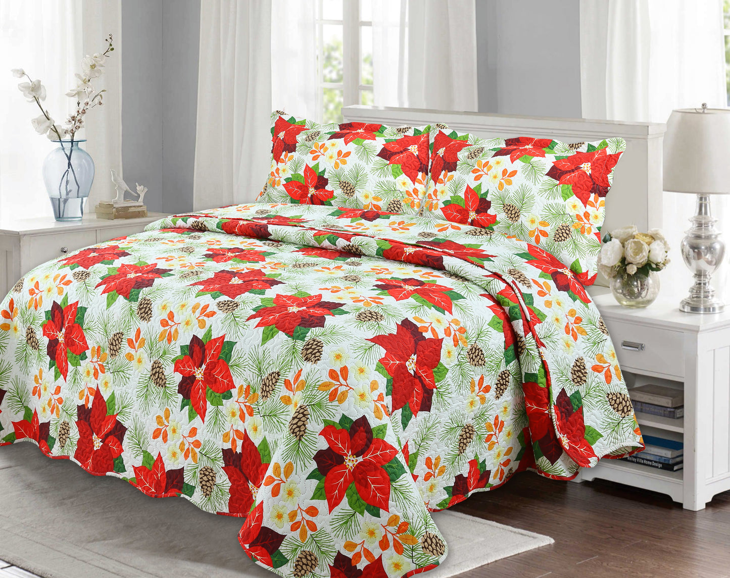 Printed Embossed Pinsonic Soft Bedding Summer Christmas Quilt Set, Red Poinsettia