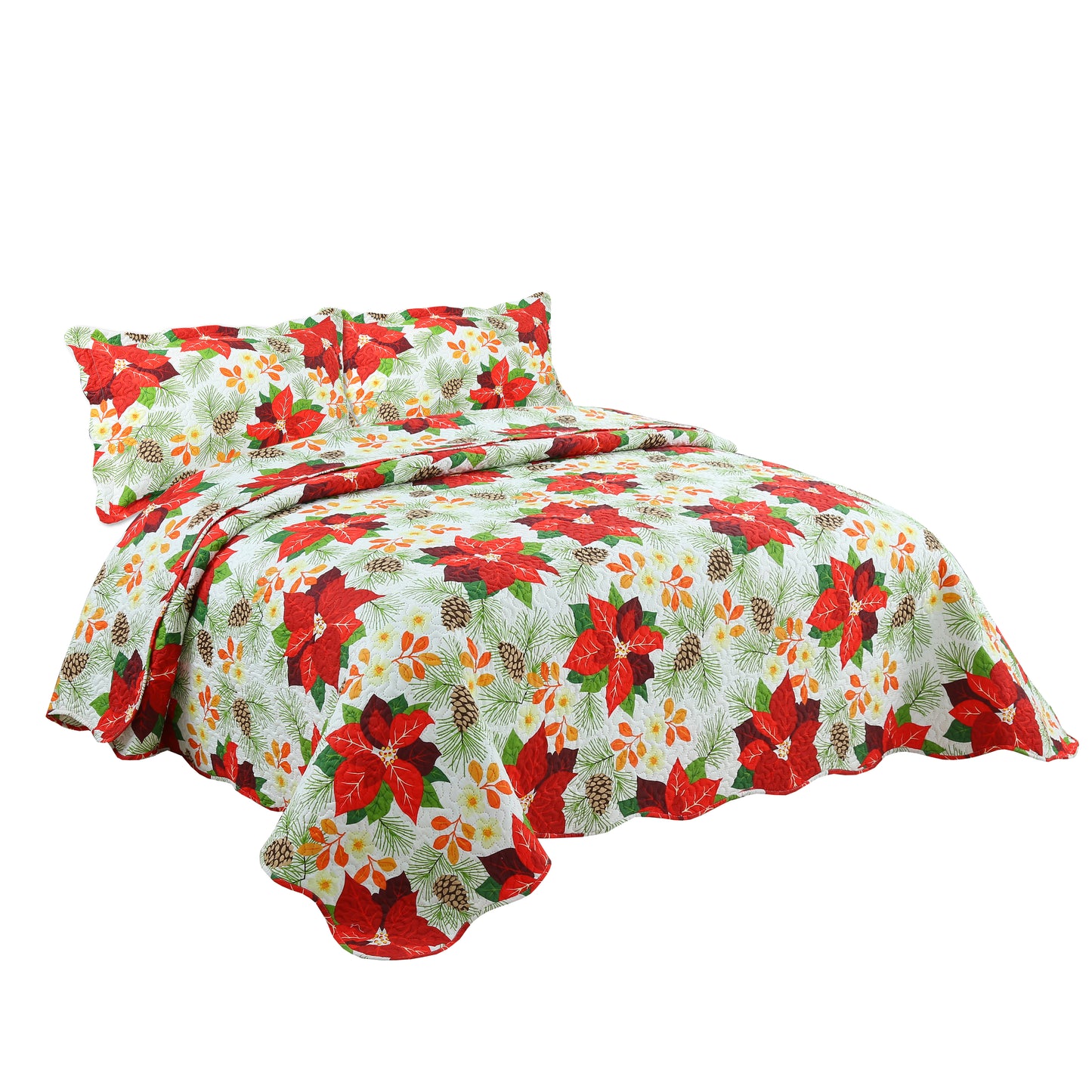 Printed Embossed Pinsonic Soft Bedding Summer Christmas Quilt Set, Red Poinsettia
