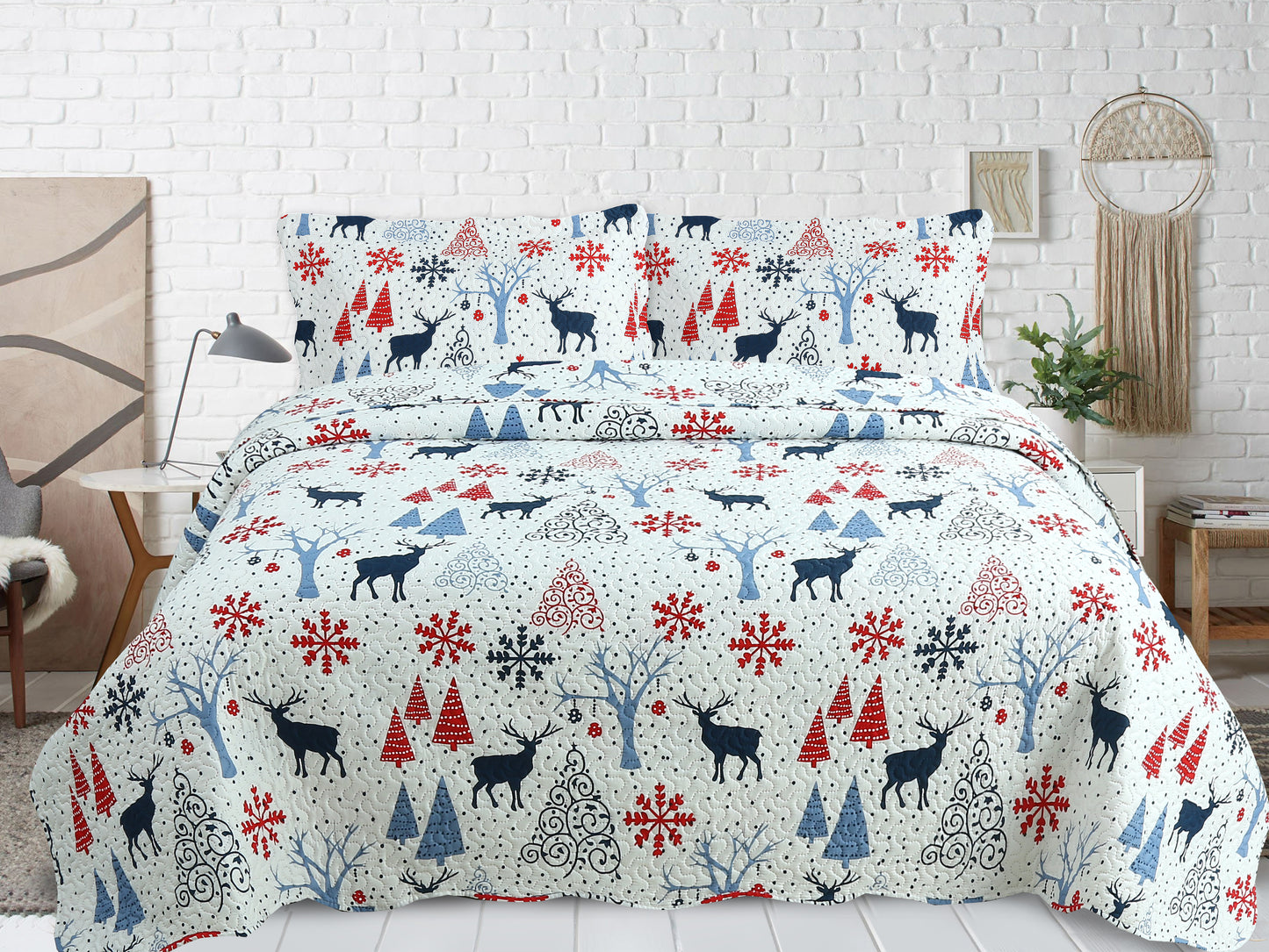 Printed Embossed Pinsonic Soft Bedding Summer Christmas Quilt Set, Xmas Reindeer
