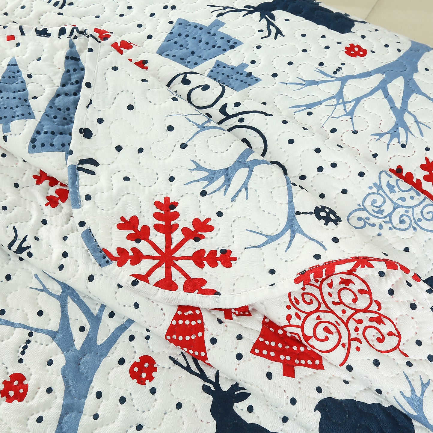 Printed Embossed Pinsonic Soft Bedding Summer Christmas Quilt Set, Xmas Reindeer