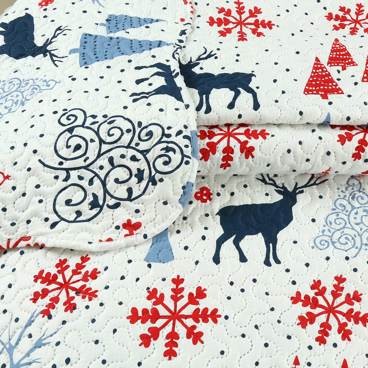 Printed Embossed Pinsonic Soft Bedding Summer Christmas Quilt Set, Xmas Reindeer