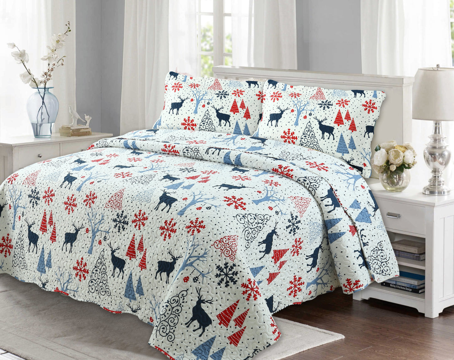 Printed Embossed Pinsonic Soft Bedding Summer Christmas Quilt Set, Xmas Reindeer