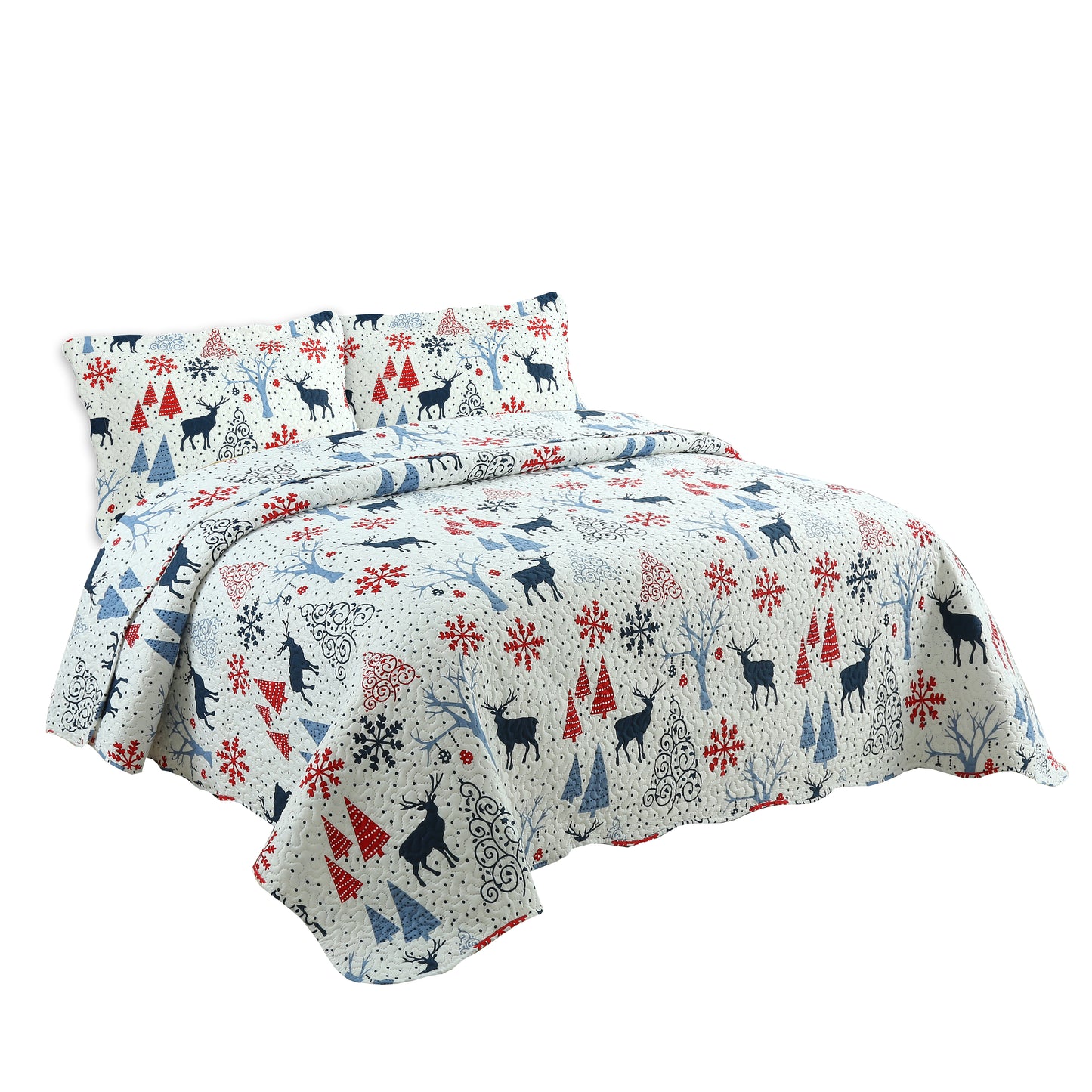 Printed Embossed Pinsonic Soft Bedding Summer Christmas Quilt Set, Xmas Reindeer