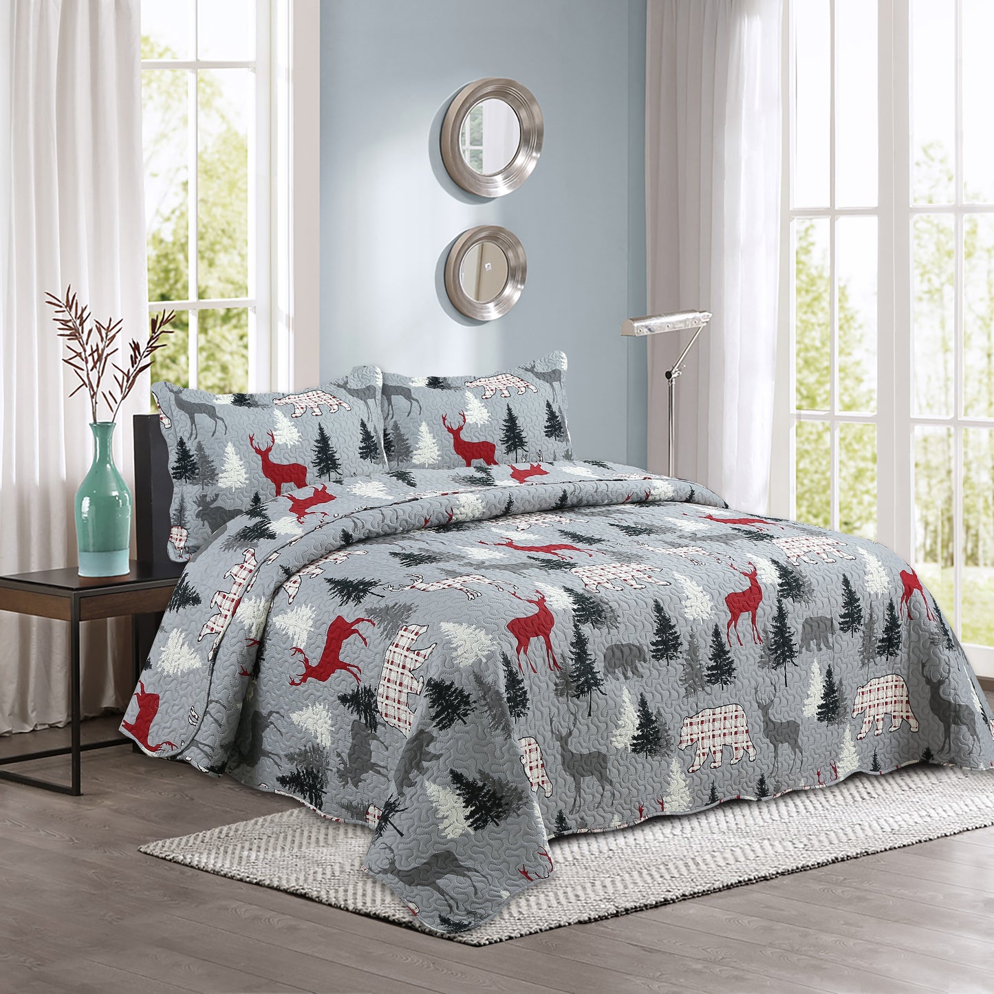 Printed Embossed Pinsonic Soft Bedding Summer Quilt Set, Cabin Reindeer Moose Bear