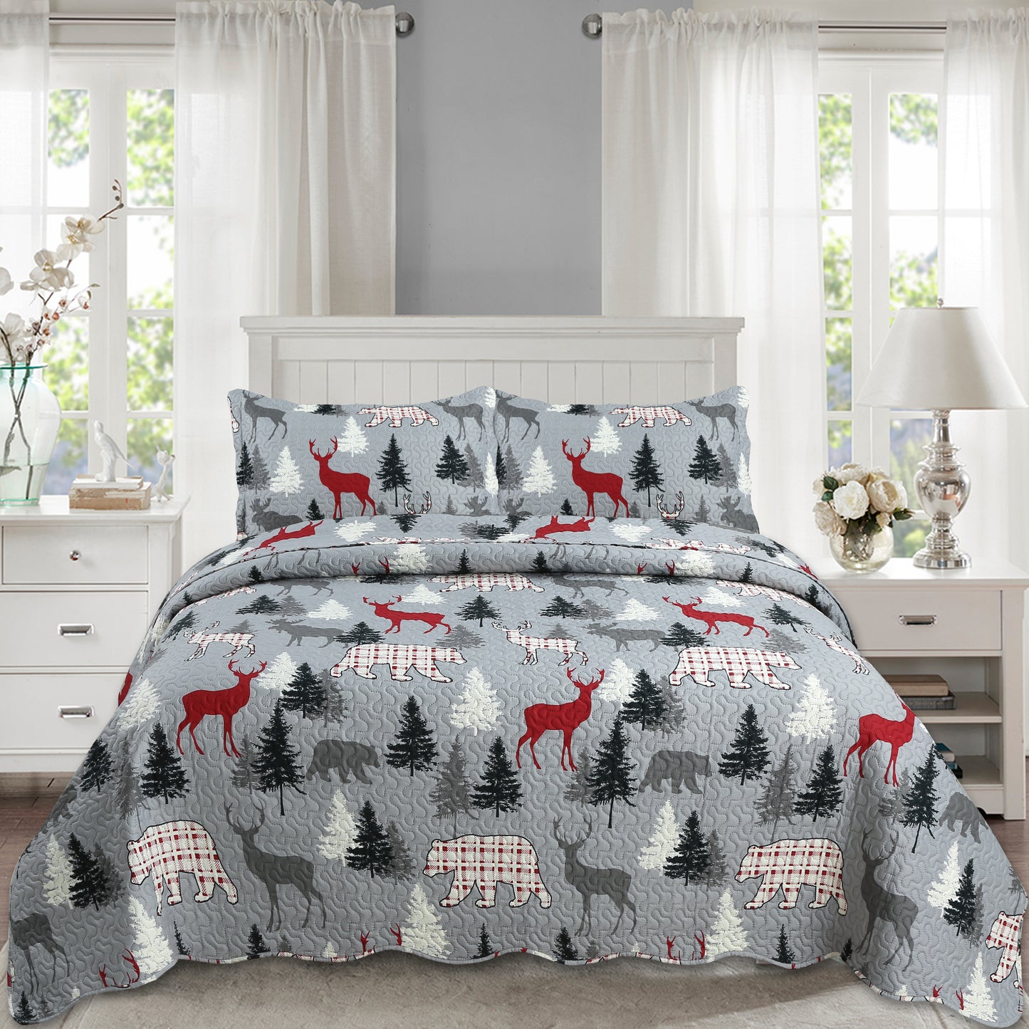 Printed Embossed Pinsonic Soft Bedding Summer Quilt Set, Cabin Reindeer Moose Bear