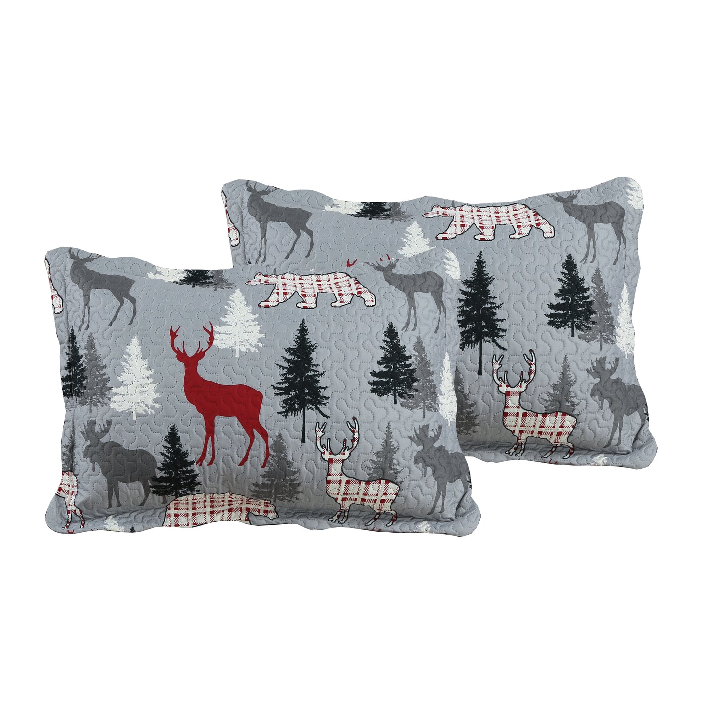 Printed Embossed Pinsonic Soft Bedding Summer Quilt Set, Cabin Reindeer Moose Bear