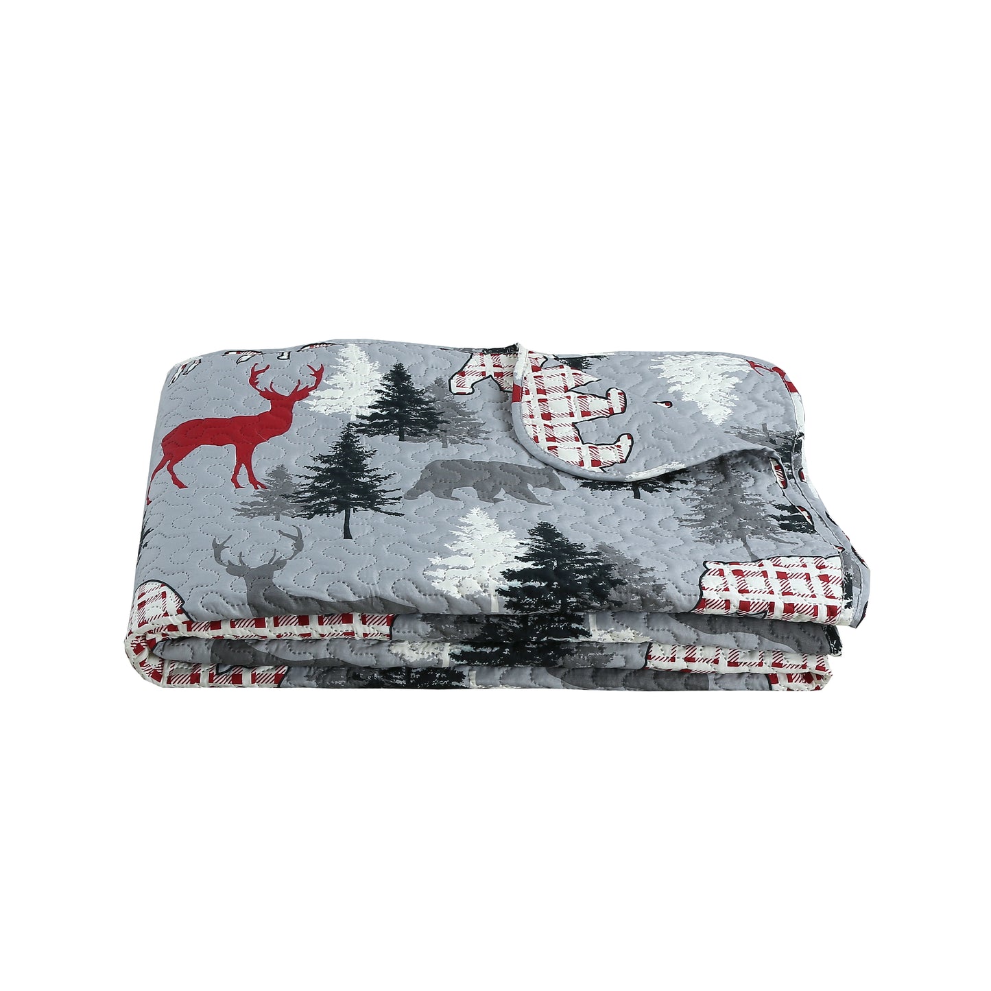 Printed Embossed Pinsonic Soft Bedding Summer Quilt Set, Cabin Reindeer Moose Bear